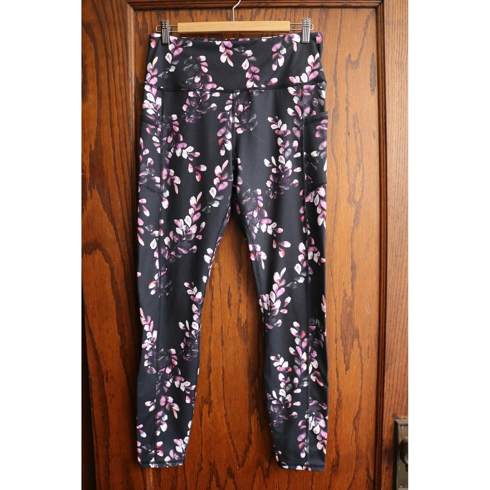 GAIAM Floral Leggings Women Large Black Pink Athletic Yoga Gym